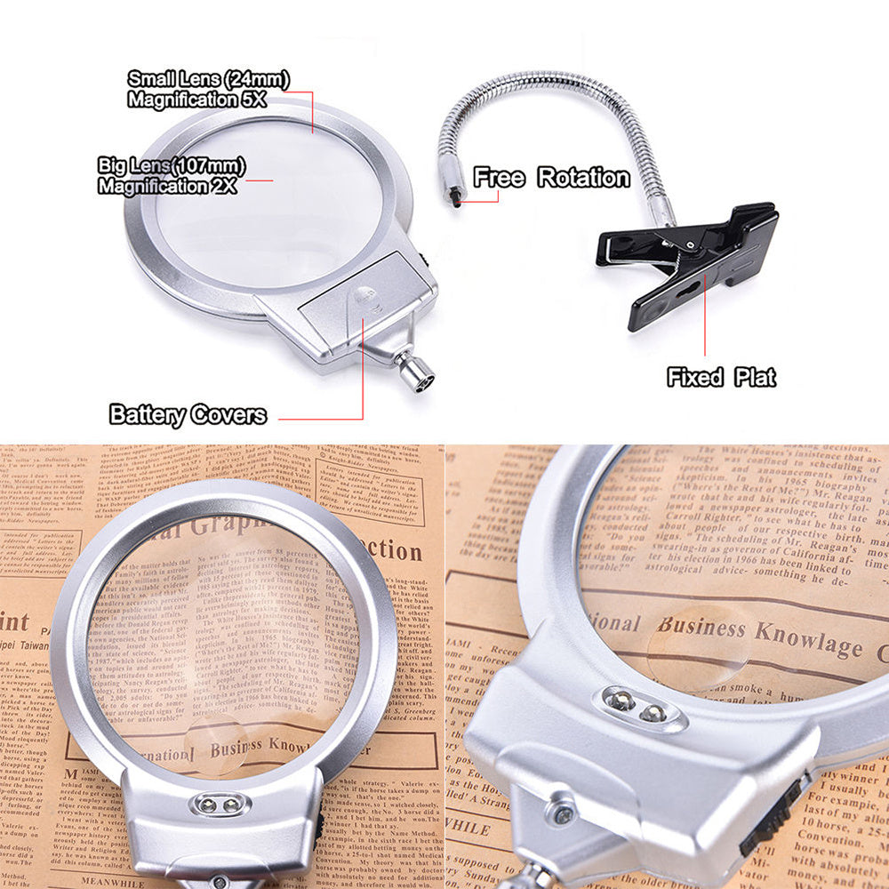 New Lighted Clip-on Table Top Desk LED Lamp Reading Large Lens Magnifying Glass with Clamp